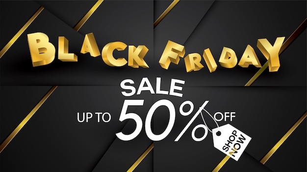 Black friday sale banner layout design background black and gold 50% discount offer