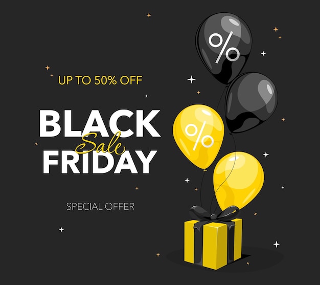 Black Friday Sale banner met ballonnen en geschenkdoos met tekst