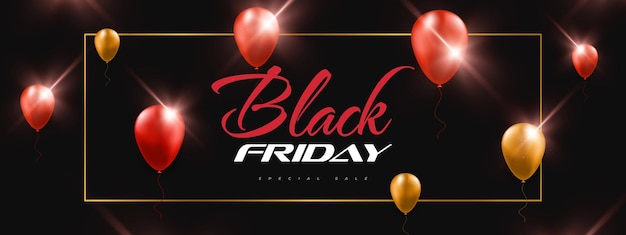 Black Friday Sale Banner Poster or Flyer Layout Design with Red and Yellow Helium Balloons on Black Background Advertising Banner Design for Black Friday Campaign