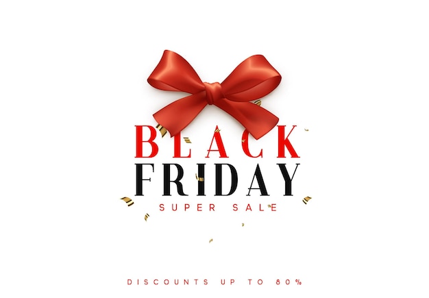 Black Friday sale, banner, poster, logo. Background red ribbon bow.