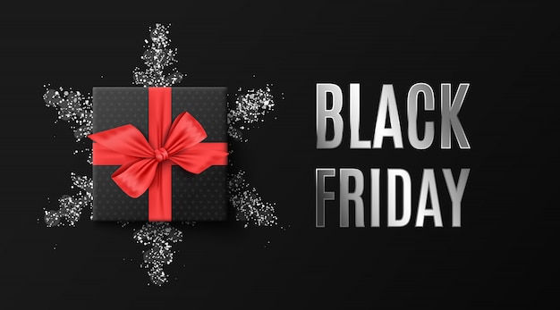 Vendita del black friday. banner, poster, logo color argento su sfondo scuro.