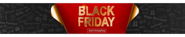 Banner di vendita del black friday nei colori rosso, nero e dorato. iscrizione su sfondo scuro. angoli di carta arricciati. illustrazione vettoriale per poster, volantini, cartoline