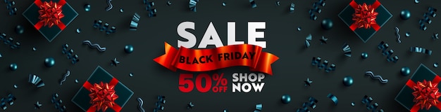 Vector black friday sale banner for retail,shopping or promotion with red ribbon, black gift box and christmas element on dark backgrounds.black friday banner  design.