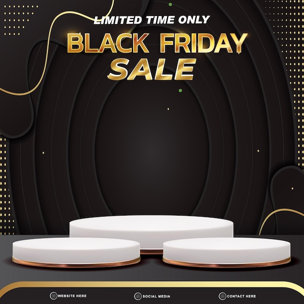 Black friday sale banner social media template post with blank space 3d podium for product with abstract black and golden gradient background design