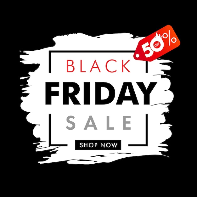 Black Friday sale banner. Special offer, up to 50 percent off with text. Black and white background