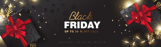 Vector black friday sale banner template with present box.background.