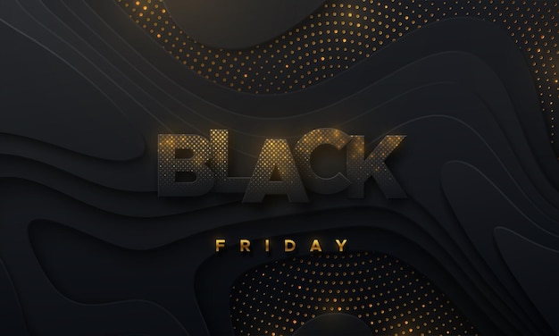 Black friday sale banner of wavy paper black shapes textured with gold glittering particles pattern