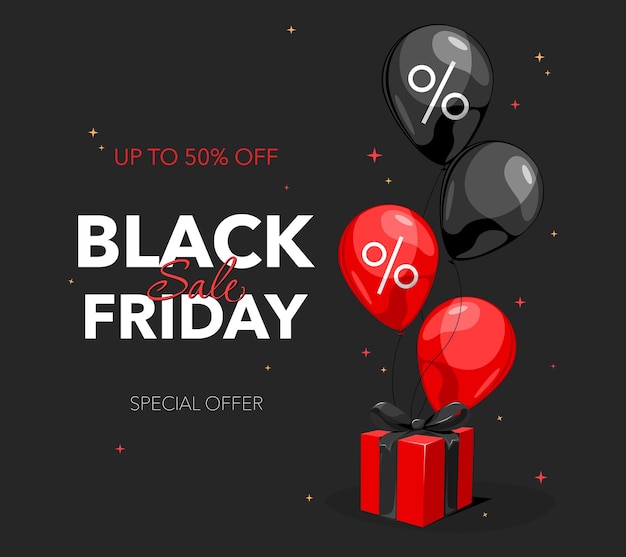 Black Friday Sale banner with balloons and gift box with sign in flat design