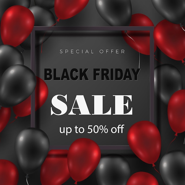 Black friday sale banner with black and red balloons