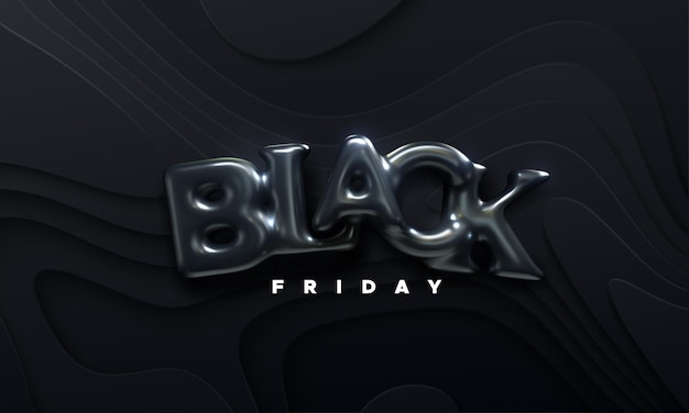 Banner di vendita del black friday con lettere di palloncini in gomma nera firmate su sfondo ondulato tagliato