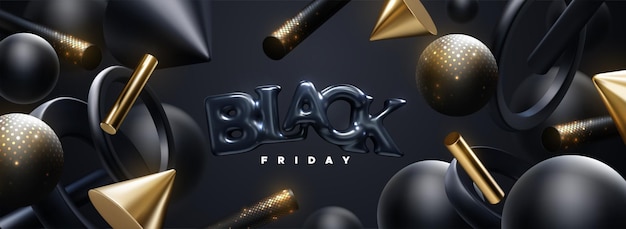 Black Friday Sale banner with black rubber balloon sign and geometric 3d shapes