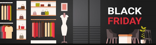 Black friday sale banner with fashion clothes shop interior