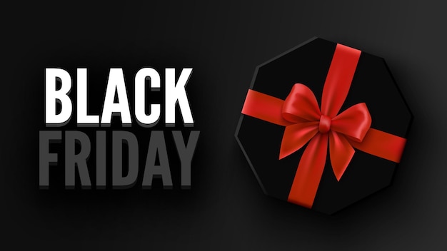 Black friday sale banner with gift octagonal box and red bow Package with ribbon illustration