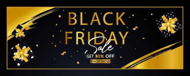 Vector black friday sale banner with gifts and balloons