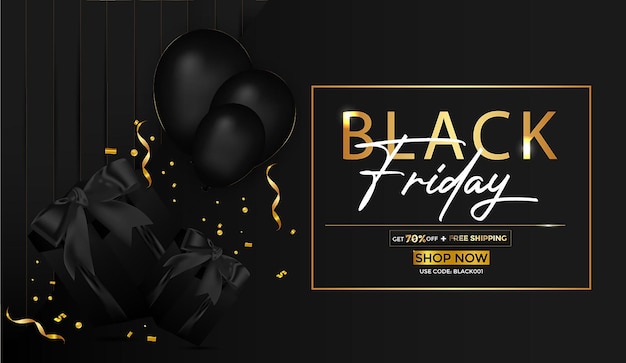 Black Friday Sale Banner With Gifts And Balloons