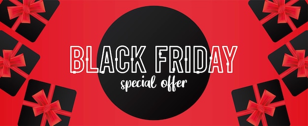 Vector black friday sale banner with gifts in red background