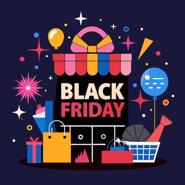 black friday sale banner with gifts shopping bags and balloons