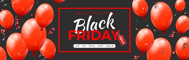 Vector black friday sale banner with glossy red balloons, tag and confetti.