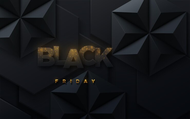 वेक्टर black friday sale banner with gold glittering particles pattern with hexagonal black shapes