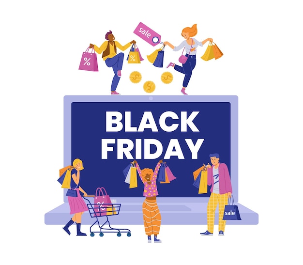 Banner di vendita del black friday con illustrazione vettoriale piatta dei clienti felici isolata