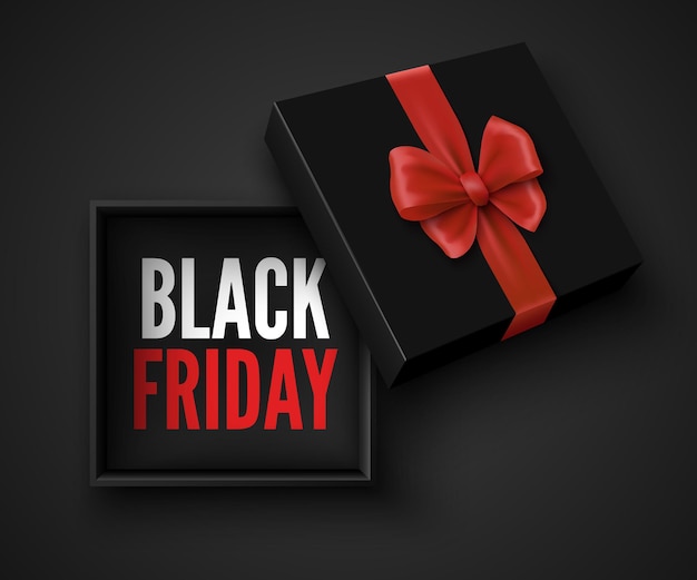 Black friday sale banner with open gift box and red bow Package with ribbon illustration