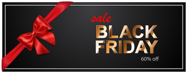 Banner di vendita del black friday con fiocco rosso e nastri su sfondo scuro. illustrazione vettoriale per poster, volantini o cartoline.