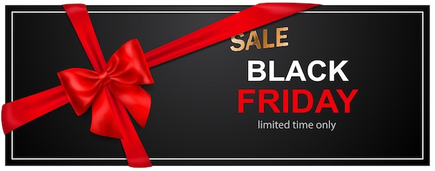 Black Friday sale banner with red bow and ribbons on dark background. Vector illustration for posters, flyers or cards.