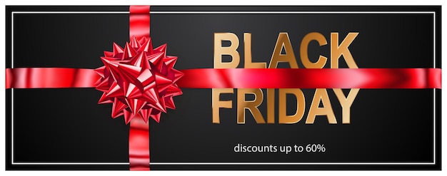 Black Friday sale banner with red bow and ribbons on dark background. Vector illustration for posters, flyers or cards.