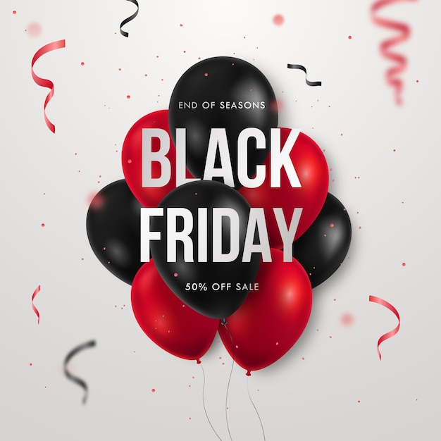 Banner di vendita del black friday con palloncini lucidi e serpentine.