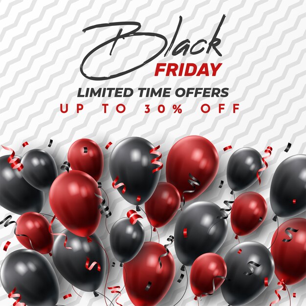 Banner di vendita del black friday con palloncini lucidi.