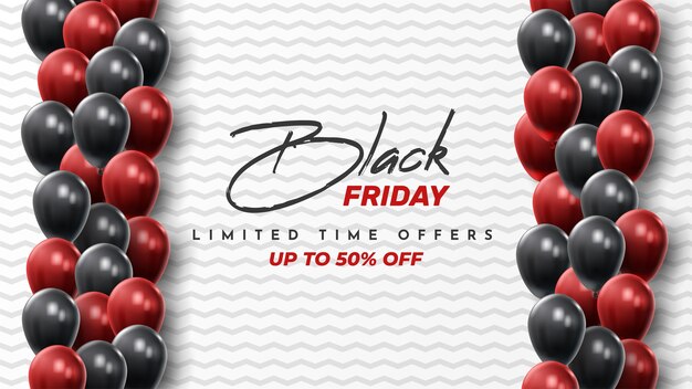 Banner di vendita del black friday con palloncini lucidi.