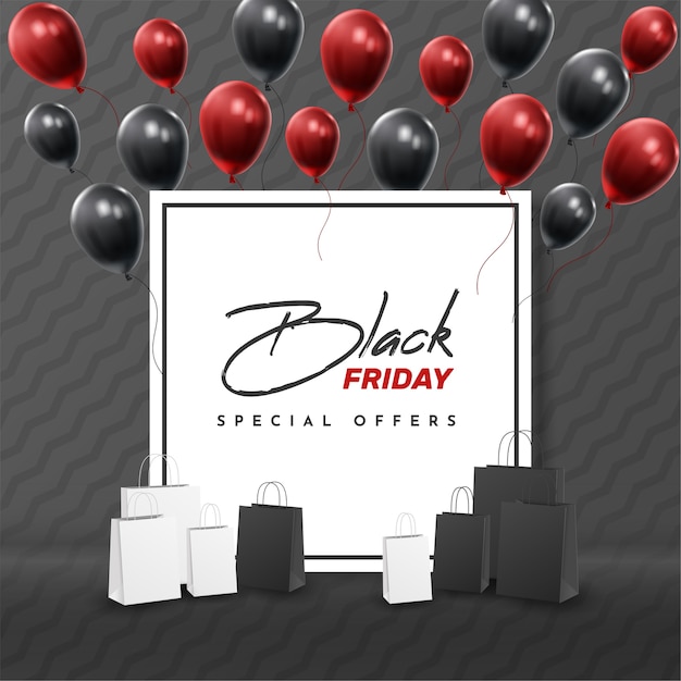 Vector black friday sale banner with shiny balloons.