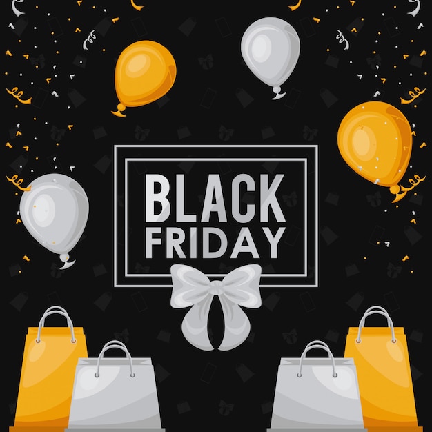 Black friday sale banner with shopping bags and balloons helium