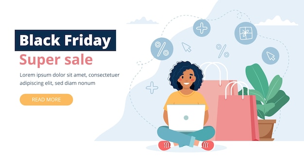 Vector black friday sale banner with woman character, online shopping concept.