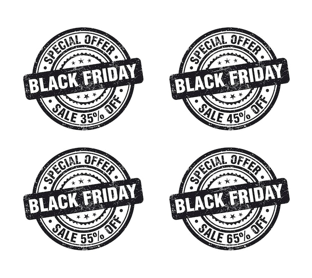 Vector black friday sale black grunge stamp set sale 35 45 55 65 percent off