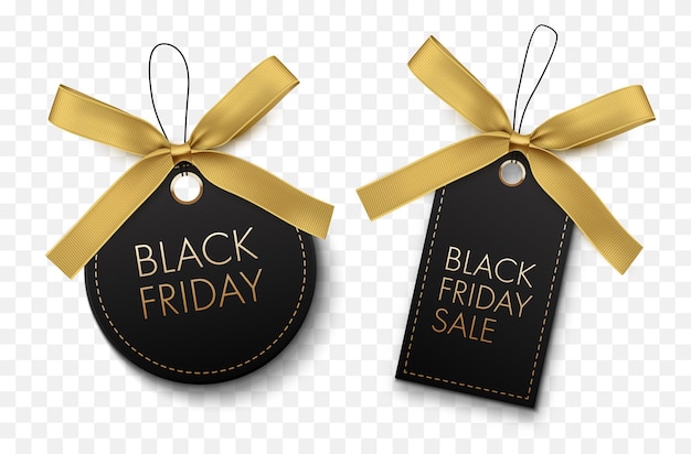 Etichette nere di vendita venerdì nero con fiocco oro isolato su sfondo bianco tag vettoriali