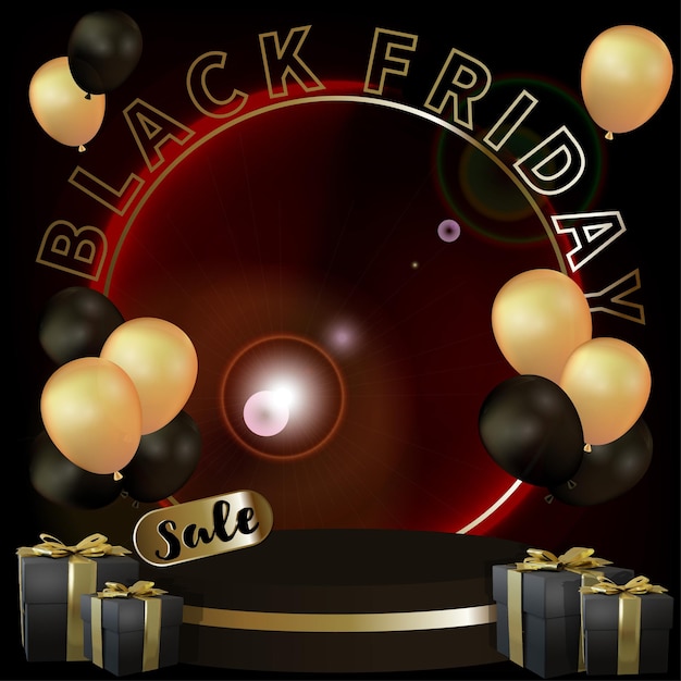 Black Friday sale booth with black and gold balloons