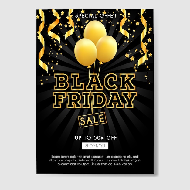 Black friday sale brochures with golden balloons ribbon