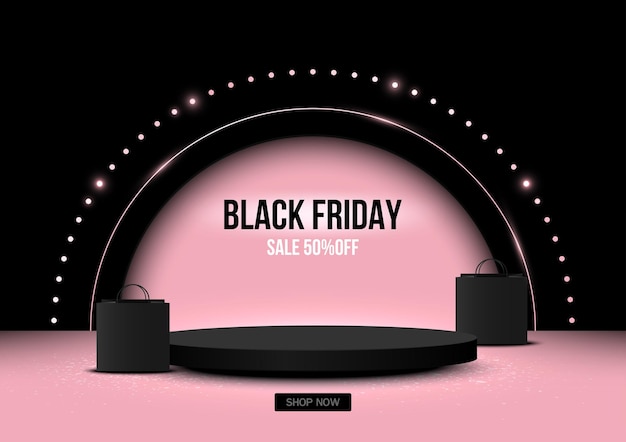 Black Friday Sale Circle-voetstuk met tas winkelen op zwarte en roze studioachtergrond