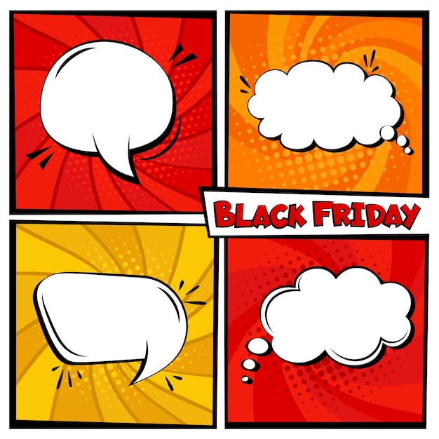 Vettore insieme di modelli di bolla di discorso di fumetti di vendita del black friday