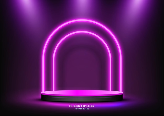 Black Friday Sale Concept Empty circle pedestal for product displays with Pink neon arch lighting