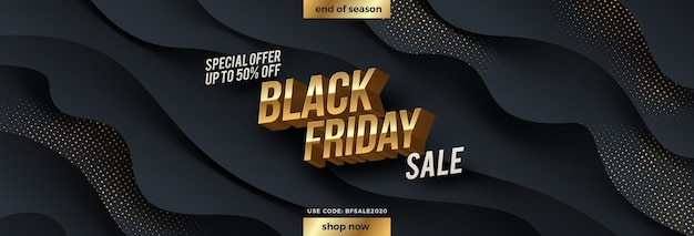 Black friday sale design. golden metallic 3d letters on a black fluid wavy layered background with golden halftone.