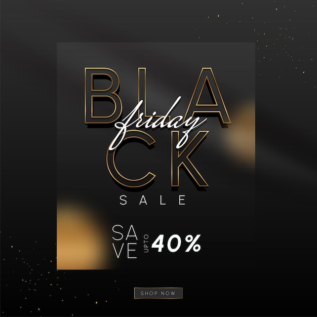 Design di vendita del black friday con tipografia nera e dorata ed effetto sfumato