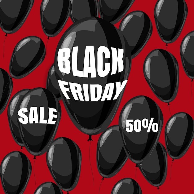 Вектор Черная пятница распродажа, скидка, плакат с черными шарами, мультяшном стиле