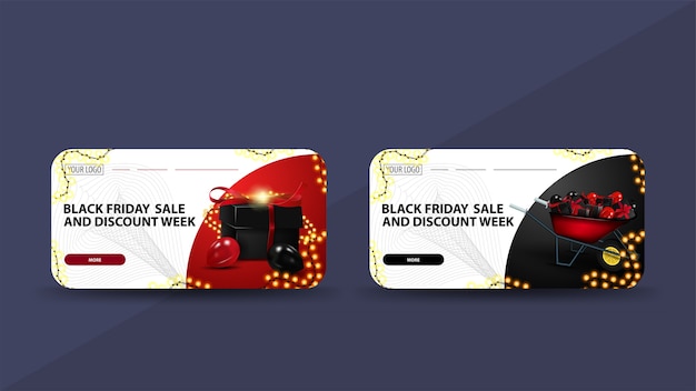 Black friday sale and discount week, white discount banners decorated with garland, button and wheel barrow with presents