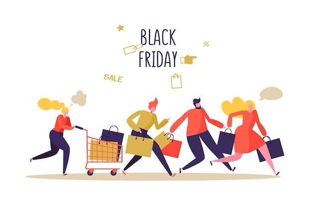 Vector black friday sale event. flat people characters with shopping bags
