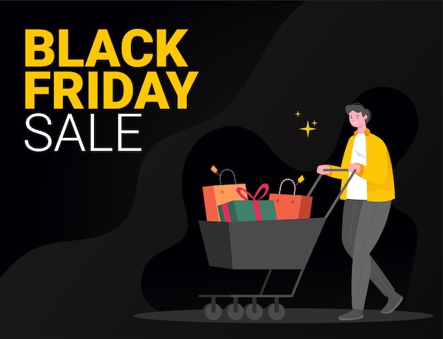 Black friday sale event illustration concept, a male character pushing a shopping cart