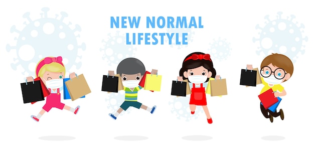 Black Friday Sale Event People Characters Cartoon with Shopping Bag, New Normal Shopping Lifestyle with Protect Coronavirus 또는 COVID-19