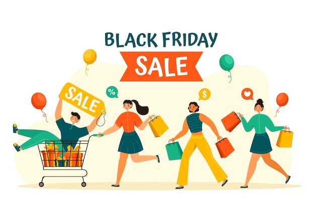 Vettore illustrazione vettoriale dell'evento di vendita del black friday con borse della spesa e grande sconto promozionale