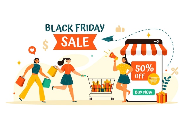 Illustrazione vettoriale dell'evento di vendita del black friday con borse della spesa e grande sconto promozionale